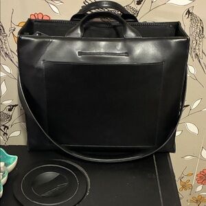 Black Leather Tote Bag with Top Handles and Shoulder Strap